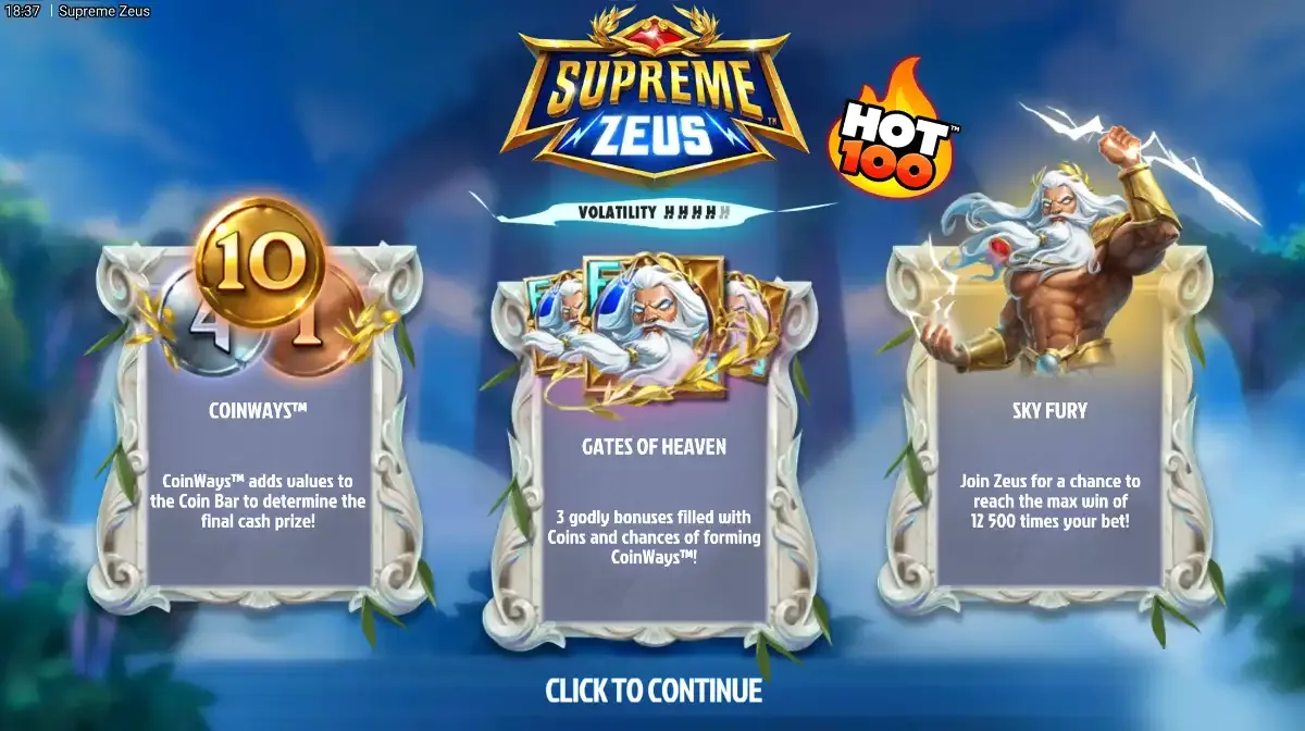 Supreme Zeus intro: title under a gold laurel, five lightning bolts, a Hot 100 badge, and three stone tablets labelled CoinWays, Gates of Heaven and Sky Fury
