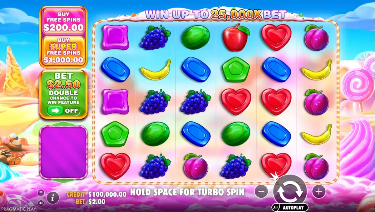 Sweet Bonanza 1000 board: a 6x5 candy grid under a Win up to 25,000x bet banner, left rail shows Buy Free Spins at $200, Buy Super Free Spins at $1,000, and Ante Bet $2.50 off, stake $2