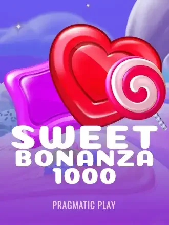 Sweet Bonanza 1000 by Pragmatic Play: heart candy, lollipop and gummy on a purple candy sky