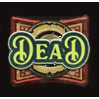 Dead Man's Hand badge: the word DEAD on a gold compass plate inside a red leather frame
