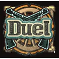 Duel at Dawn badge: crossed revolvers over a wagon wheel, the word Duel across the middle