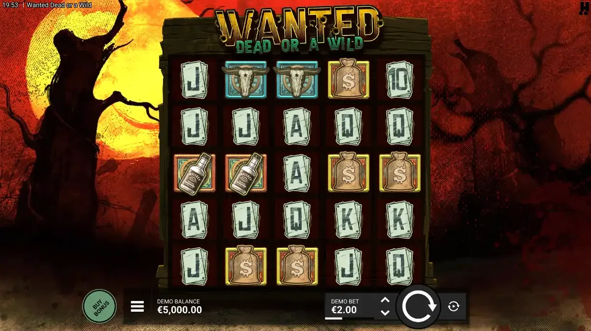 Wanted Dead or a Wild board: 5x5 grid in a dark wooden frame under a red sky and yellow moon, Buy Bonus bottom left, demo bet €2