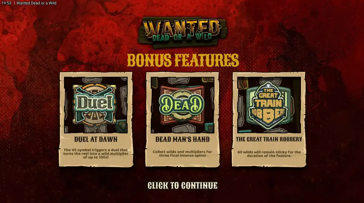 Wanted Dead or a Wild intro: three wanted posters for Duel at Dawn, Dead Man's Hand and The Great Train Robbery under a wooden title board