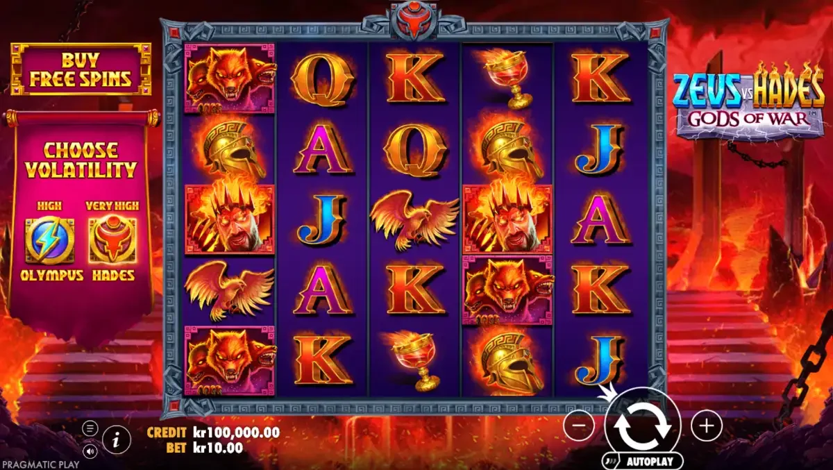 Zeus vs Hades Hades mode: the same 5 by 5 reel positions rendered in fiery red art with Cerberus and a burning-crowned Hades, on a stone frame against a lava cavern with chains, bet kr10