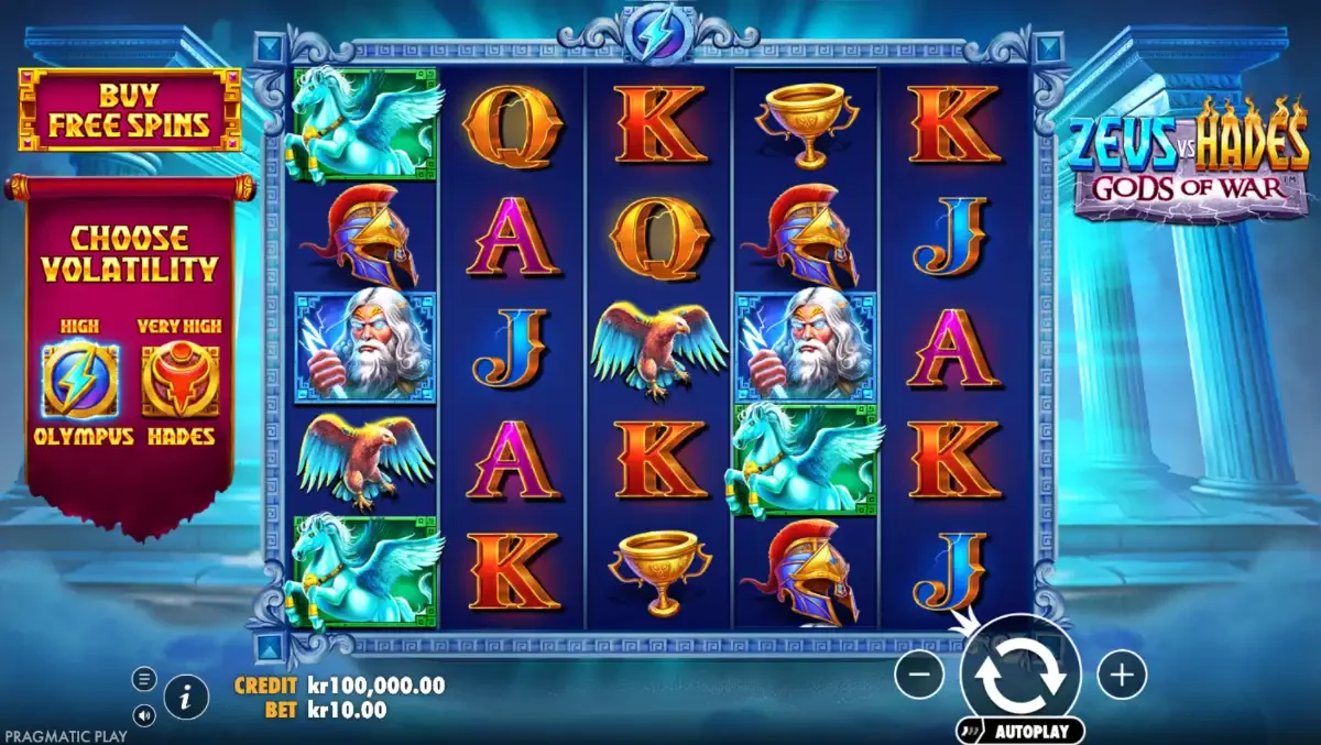 Zeus vs Hades Olympus mode: a 5 by 5 grid of Greek symbols on a blue marble frame, CHOOSE VOLATILITY scroll on the left showing HIGH Olympus and VERY HIGH Hades badges, BUY FREE SPINS key above it, bet kr10