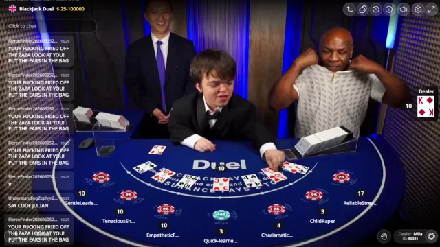 Mike Tyson reacting after a winning blackjack hand at Duel