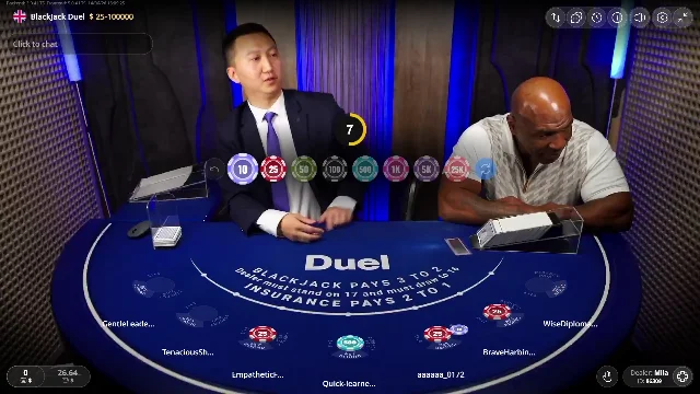 Mike Tyson dealing another hand at Duel Casino live blackjack
