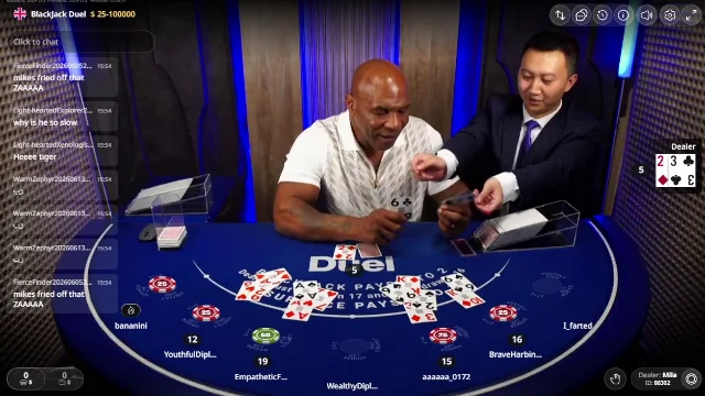 Mike Tyson dealing cards at the Duel blackjack table