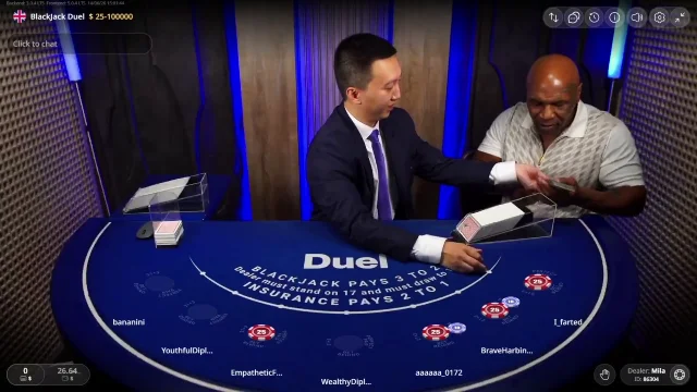 Mike Tyson entering the Duel Casino blackjack studio
