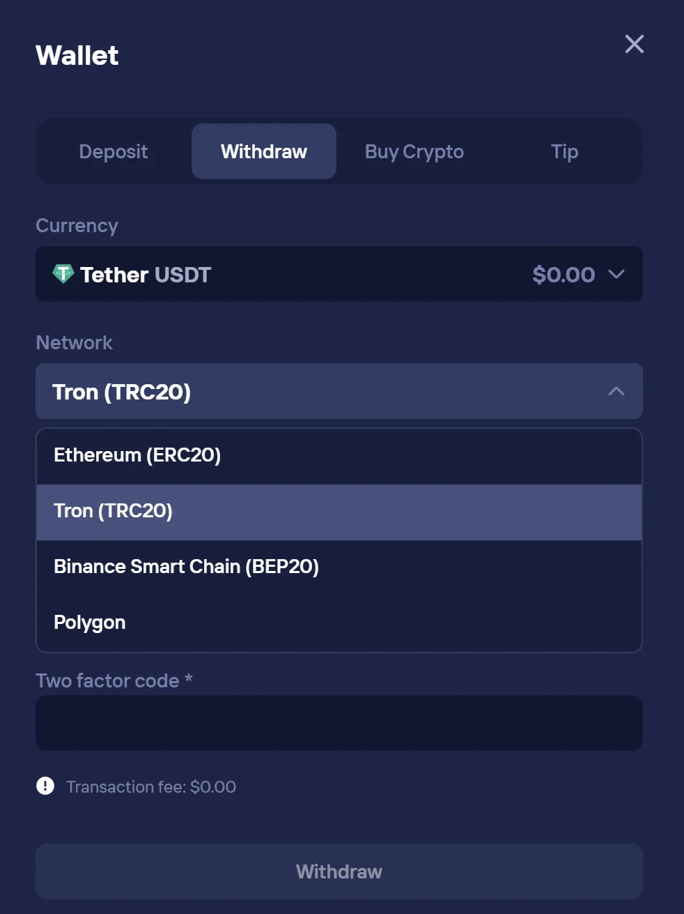 Sub-minute crypto withdrawal form at Duel Online Casino with wallet paste field and zero manual review queue